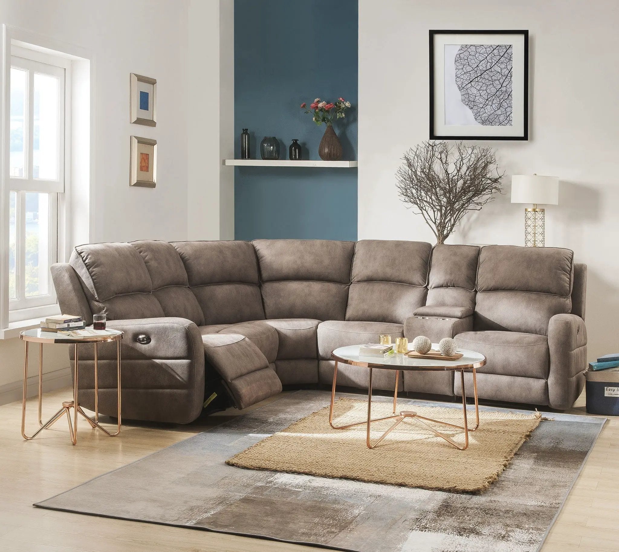 Olwen - Nubuck Power Recliner Sectional Sofa With USB Port - Mocha by HouseOfZazla