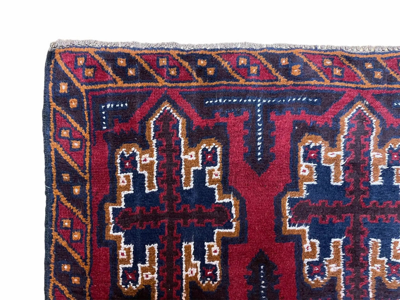 2' 7" X 4' 6" Vintage Handmade Tribal Wool Rug Balouchi Rug Afghan Rug Red Blue by Jewel Rugs