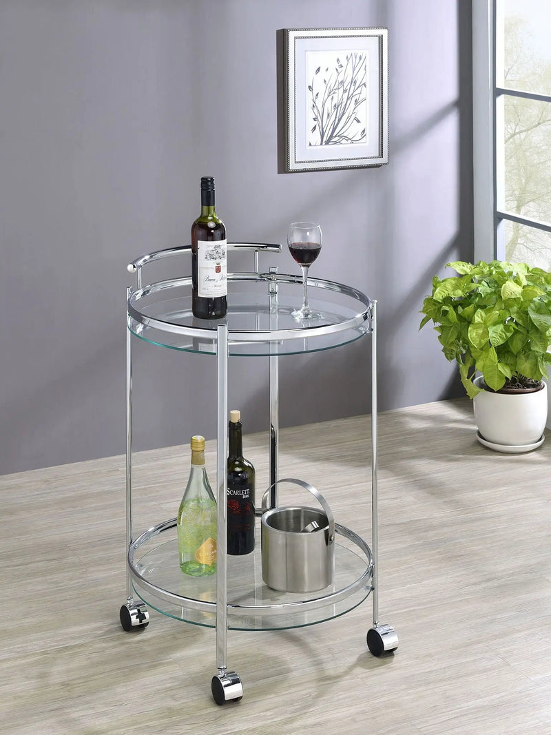 Chrissy Round Glass Shelf Metal Bar Cart Chrome by Unique Piece Furniture