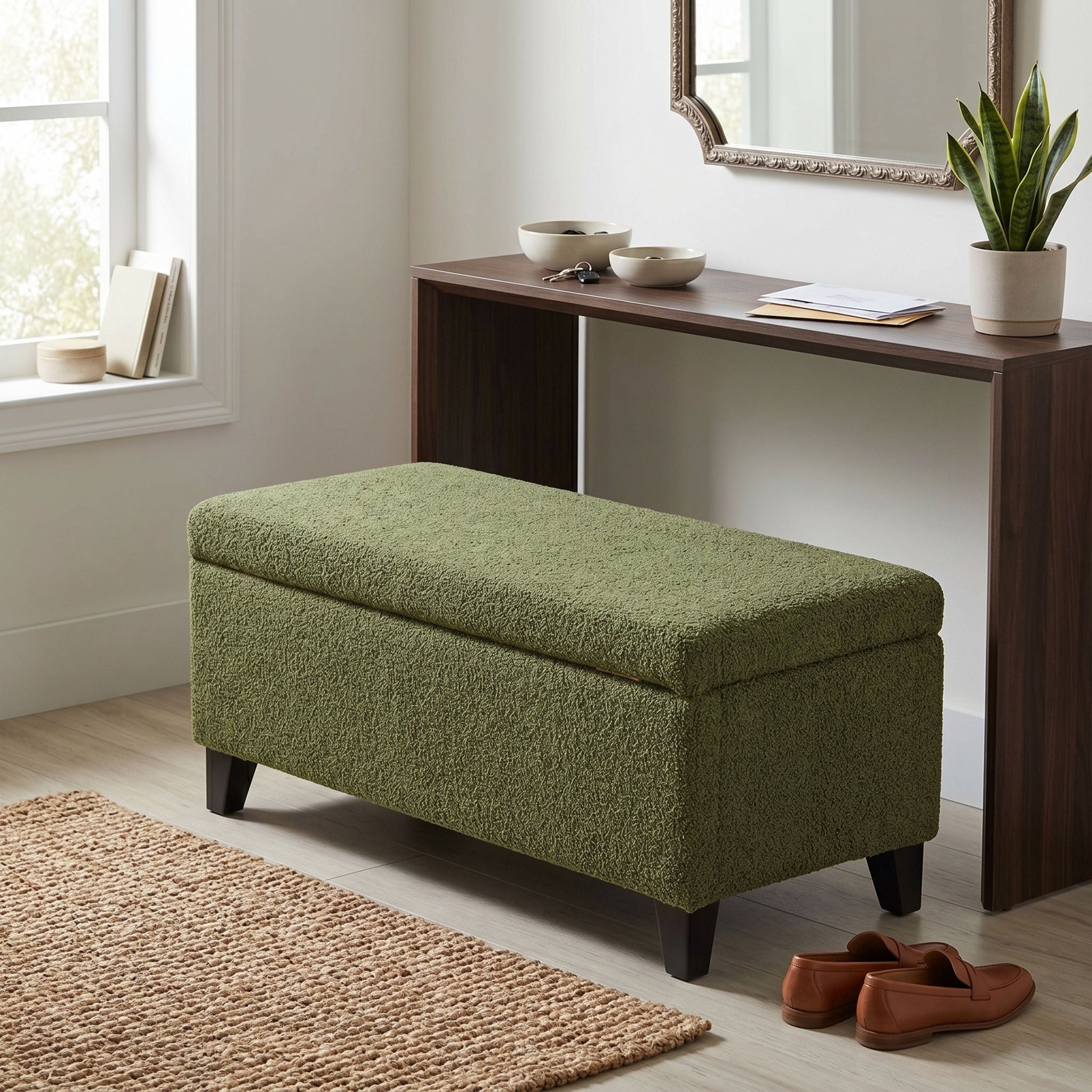 Storage Ottoman with Flip-Top Lid, Easy Assembly, Boucle Fabric & Rubber Wood Legs by HouseOfZazla