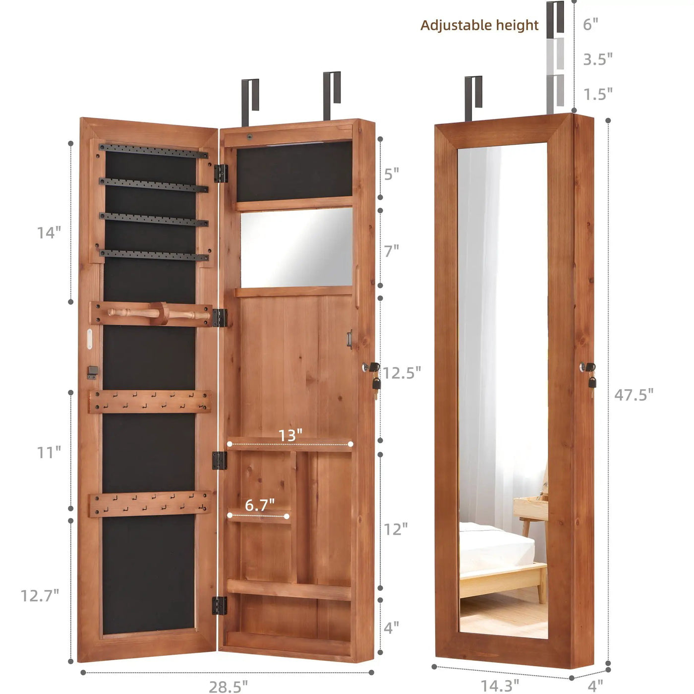 Jewelry Armoire Organizer With Full Length Mirror, Wall Mounted Lockable Cabinet With LED Light by HouseOfZazla