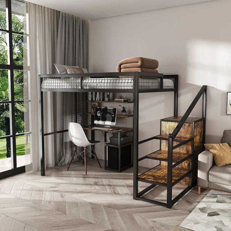 Full Size Loft Bed With Desk & Wardrobe Heavy Frame, Built In Staircase, Storage Rack & Shelves Gaming Bed - Black by HouseOfZazla