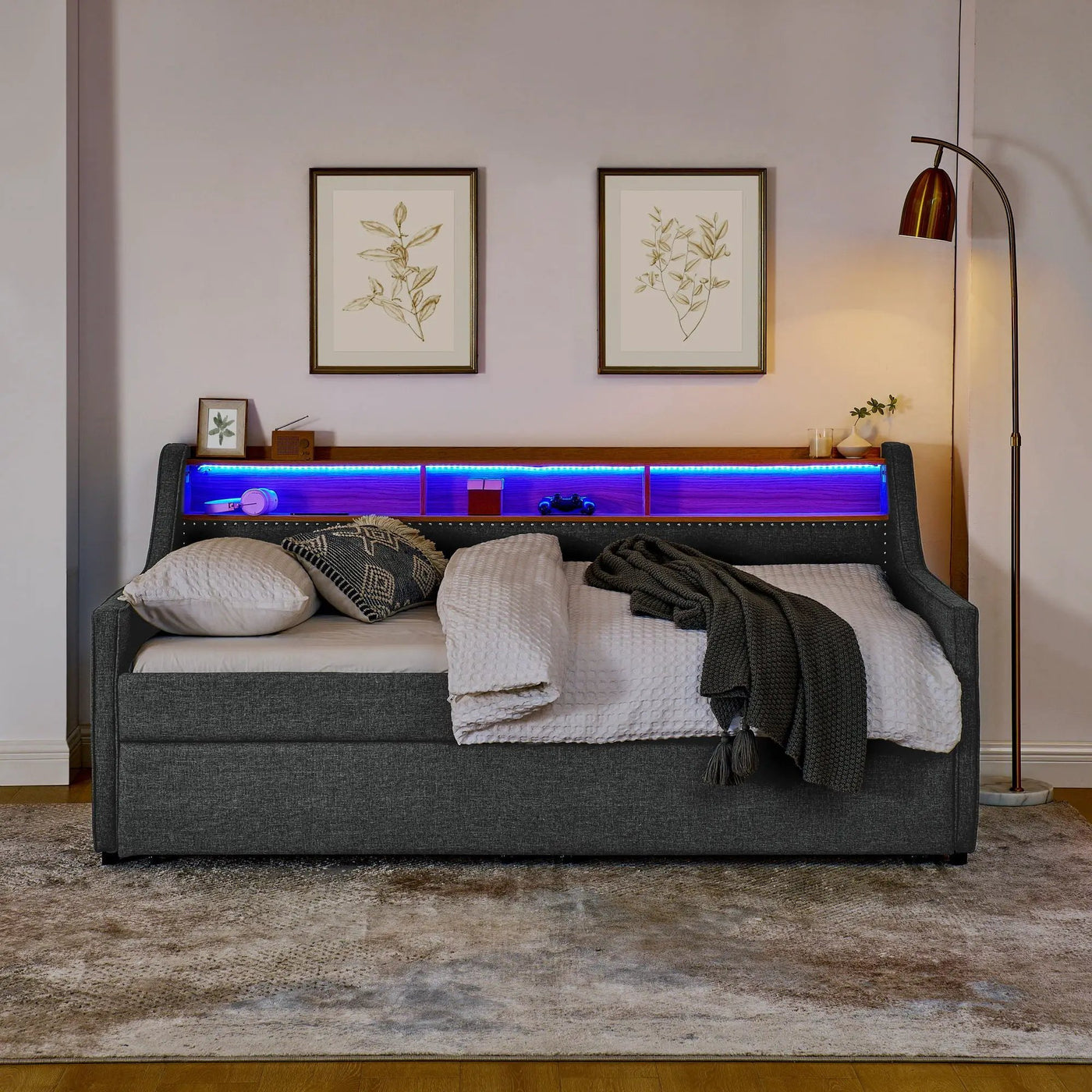 Upholstered Sofa Bed With LED Lights, Storage Headboard, Foldable Trundle & Wireless Charging by Unique Piece Furniture