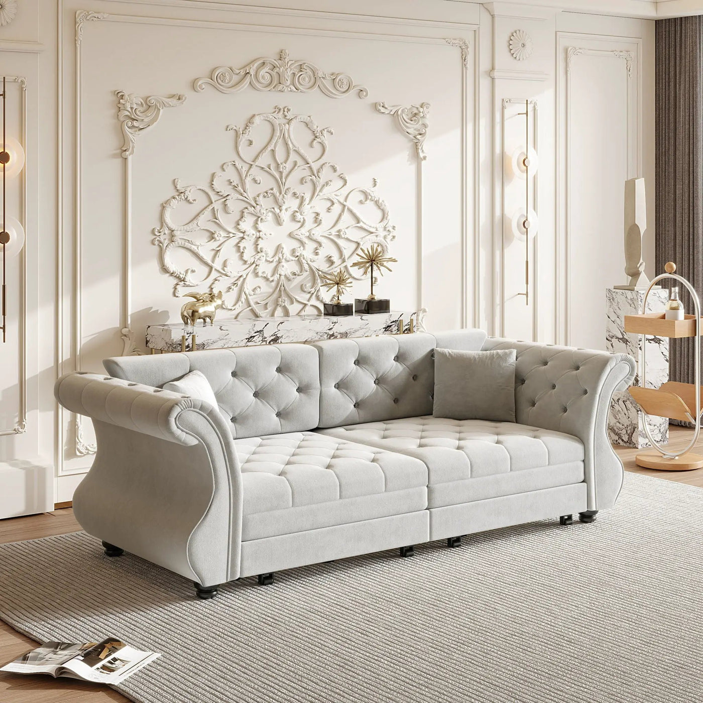 Oversized Chesterfield Pull Out Sofa Bed, Roll Arm Couch With Flower Tufting For Living Room by HouseOfZazla