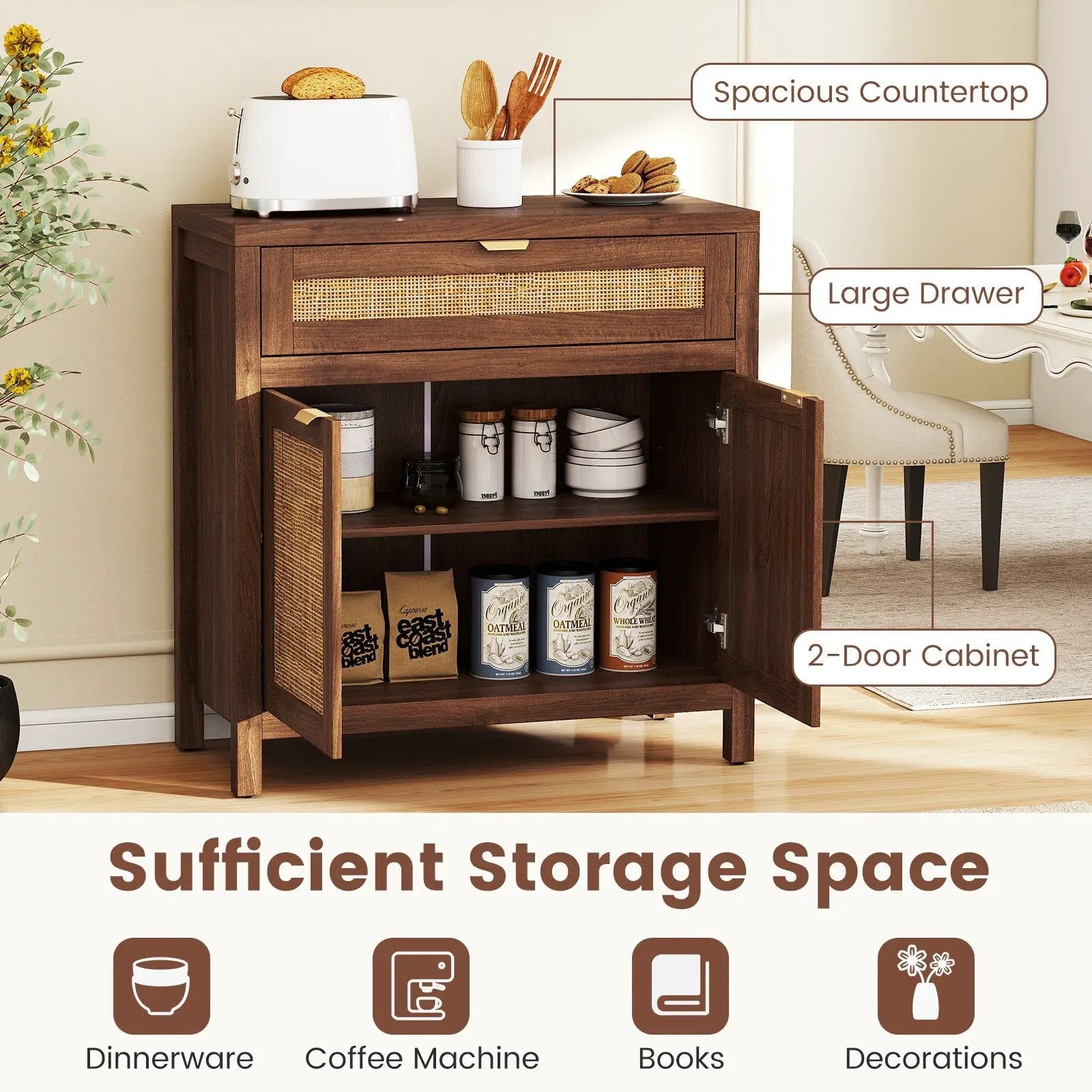 Sideboard Storage Cabinet with Rattan Doors and Drawer-Brown by DirectDeals