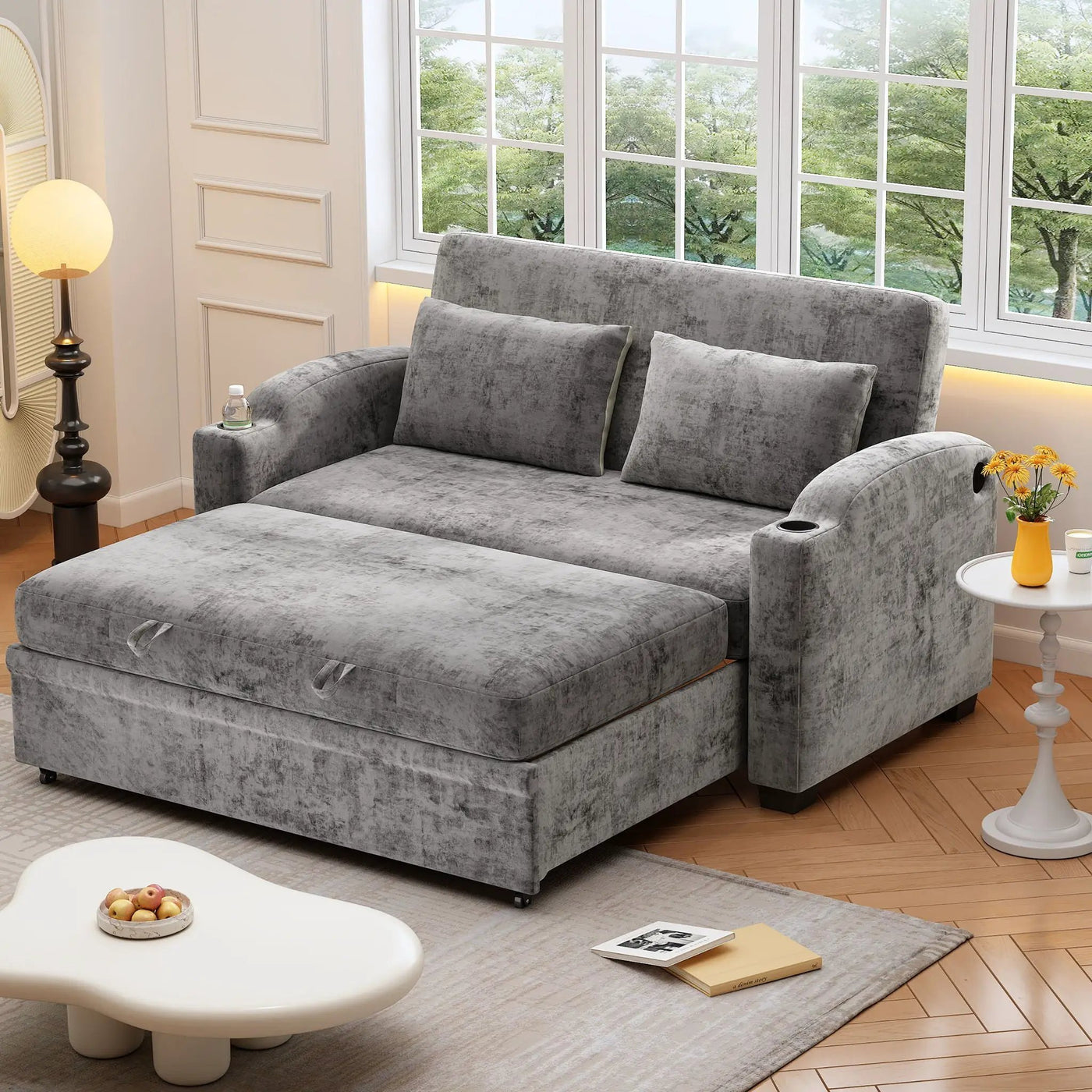 Pull Out Loveseat Sofa With Adjsutable Backrest, 2 Pillows, Cup Holders, USB Ports For Living Room by HouseOfZazla