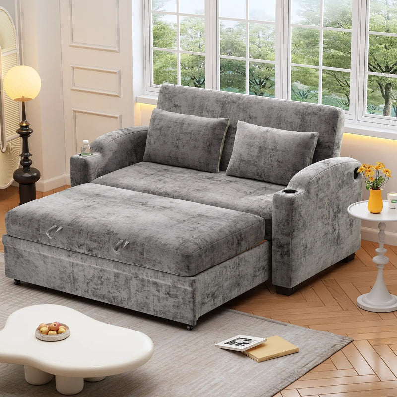 Pull Out Loveseat Sofa With Adjsutable Backrest, 2 Pillows, Cup Holders, USB Ports For Living Room by HouseOfZazla