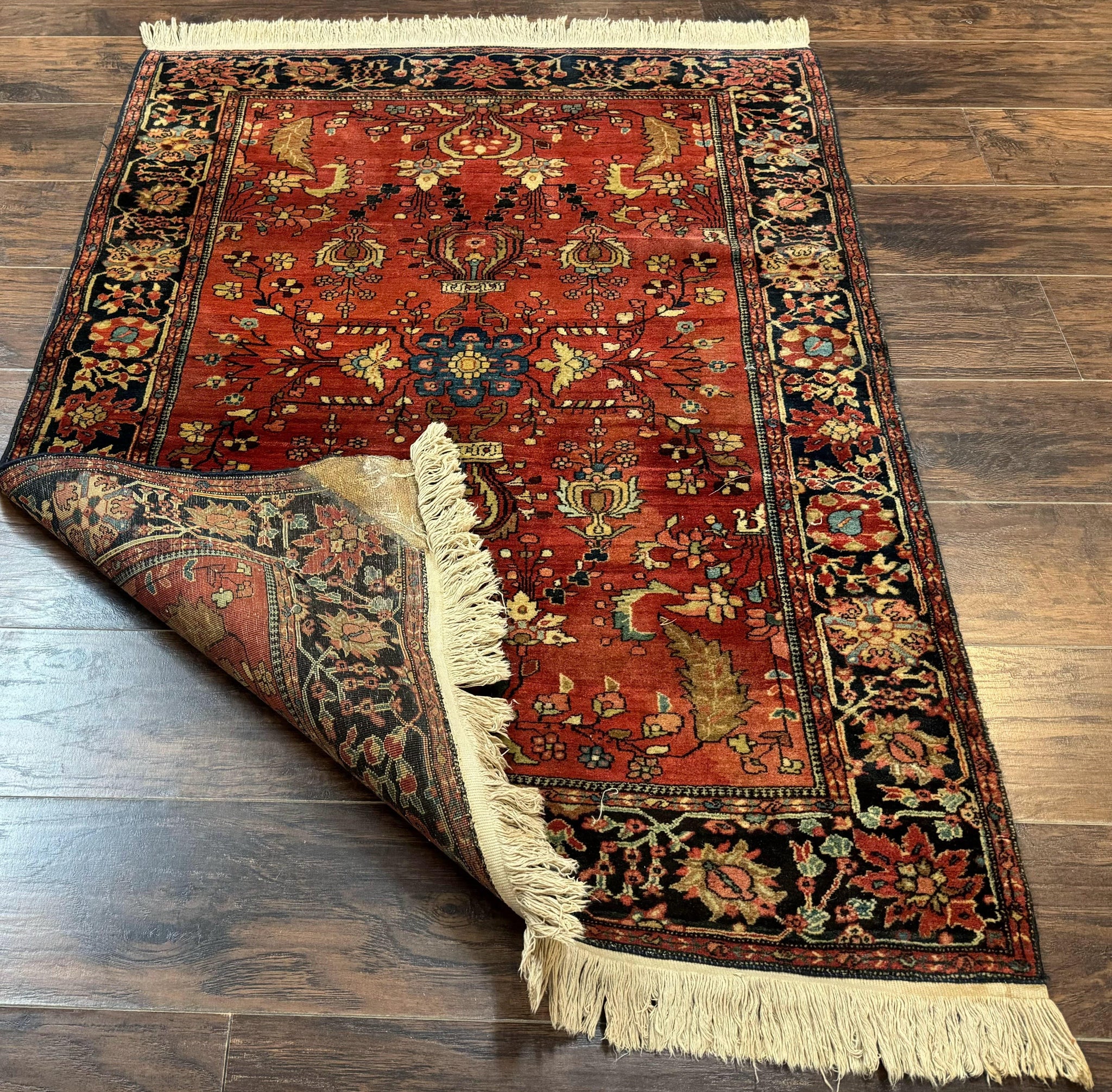 Antique Persian Farahan Sarouk Rug 3.6 x 5, Red, Floral, Traditional Rug, Fine 210 KPSI by Jewel Rugs