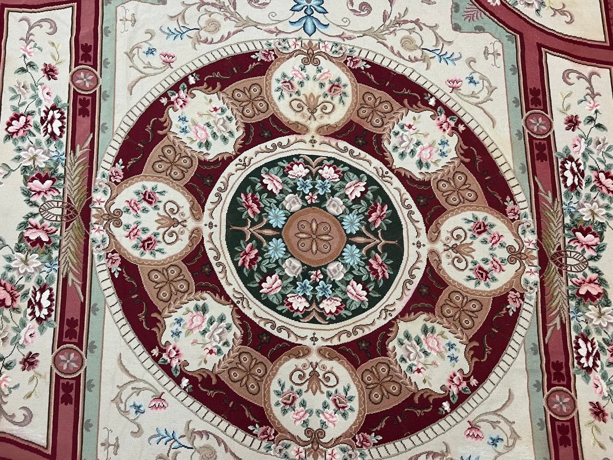 Needlepoint Rug 7.9 x 9, Beige Maroon Rose, Handmade Handwoven Flatweave Aubusson Savonnerie French European Elegant Carpet, Wool Rug by Jewel Rugs