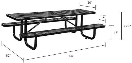 Global Industrial 8’L Rectangular Picnic Table, Expanded Metal, Black Thermoplastic Coating, Attached Benches, 1-1/2” Umbrella Pole Hole, Outdoor-Rated, 1000 lb Capacity, 96” x 30” Tabletop by GreenHaven Gardens