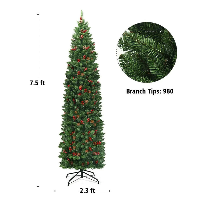 7.5 Feet Pre-lit Hinged Pencil Christmas Tree with Pine Cones Red Berries by DirectDeals