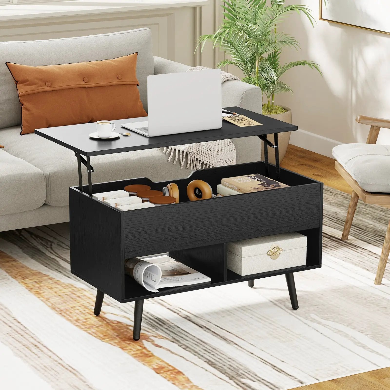 31.5 Inch Lift-Top Coffee Table with Hidden Storage and 2 Open Shelves by DirectDeals