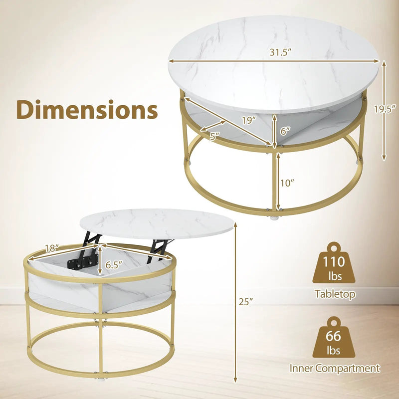 31.5 Inch Round Lift Top Coffee Table with Hidden Compartment and Side Shelves by DirectDeals
