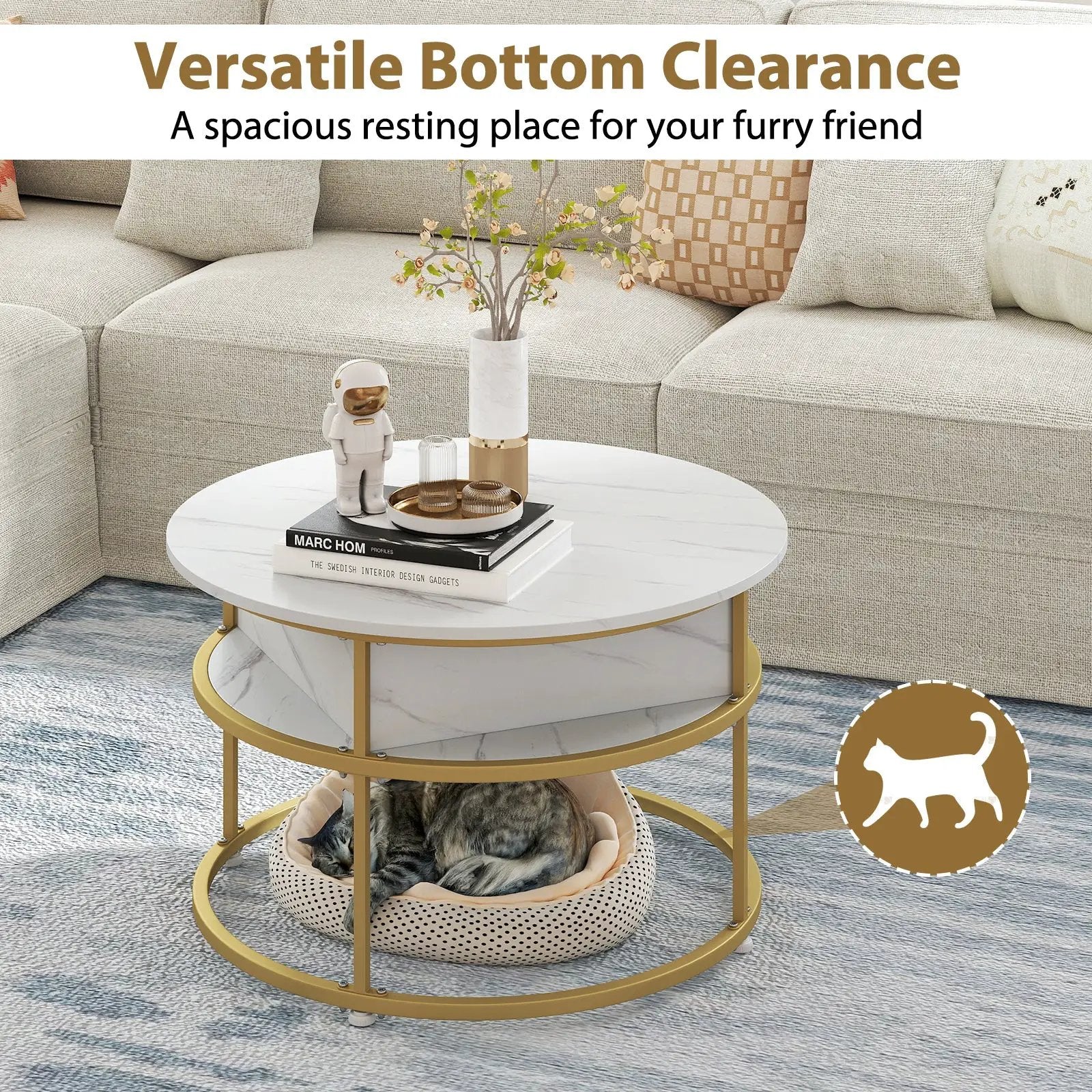 31.5 Inch Round Lift Top Coffee Table with Hidden Compartment and Side Shelves by DirectDeals
