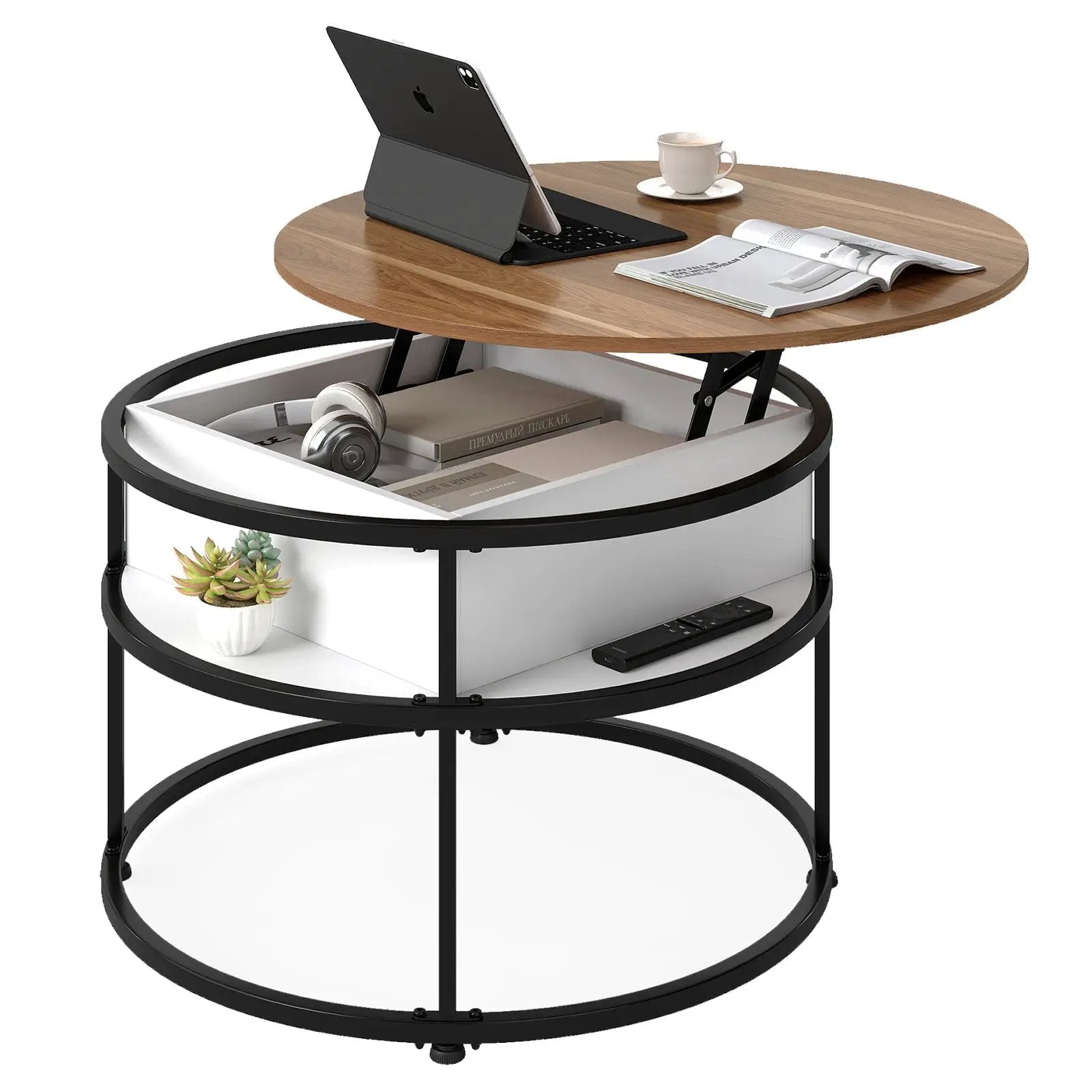 31.5 Inch Round Lift Top Coffee Table with Hidden Compartment and Side Shelves by DirectDeals