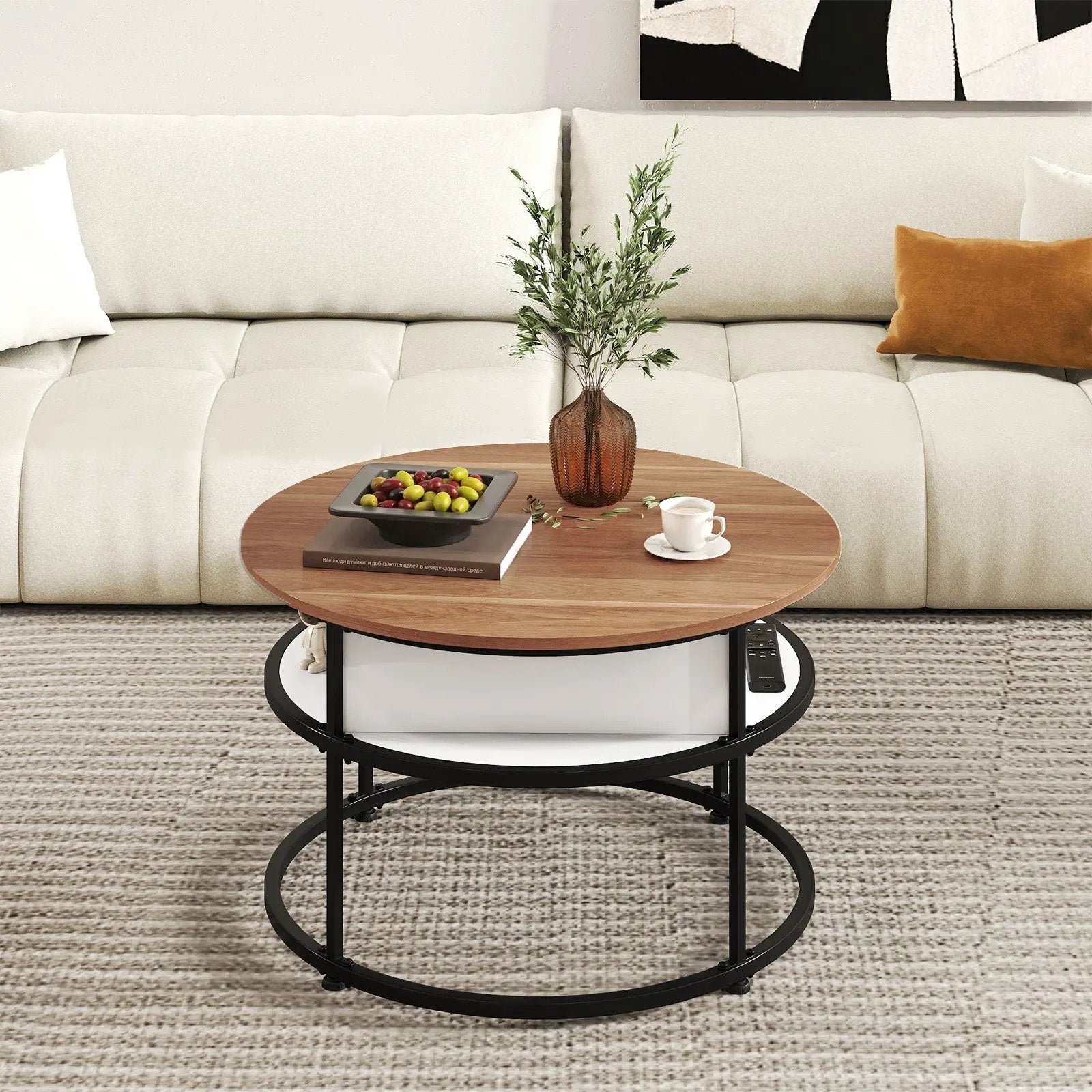 31.5 Inch Round Lift Top Coffee Table with Hidden Compartment and Side Shelves by DirectDeals
