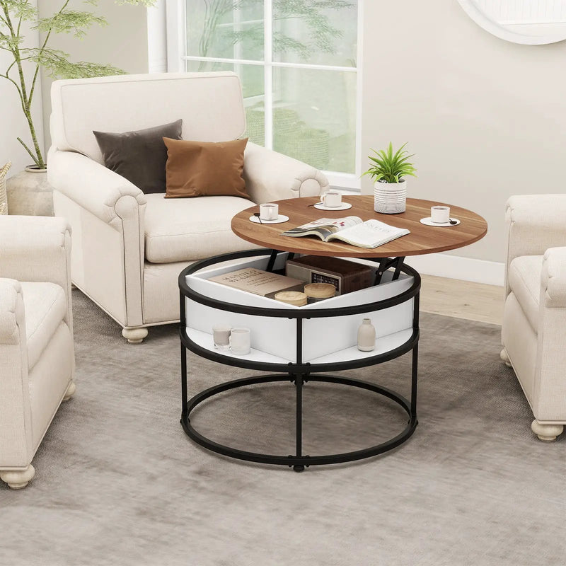 31.5 Inch Round Lift Top Coffee Table with Hidden Compartment and Side Shelves by DirectDeals