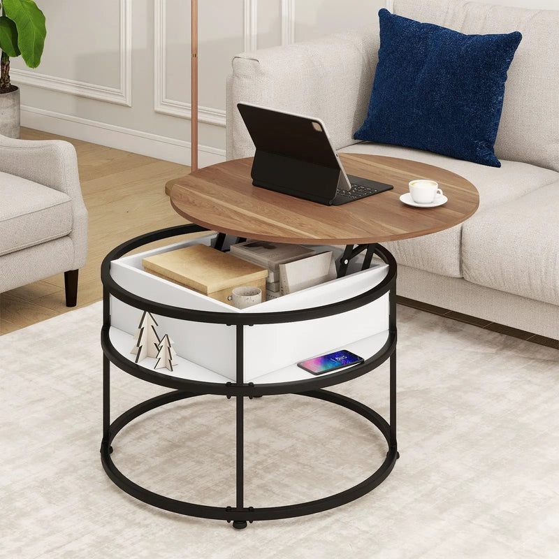 31.5 Inch Round Lift Top Coffee Table with Hidden Compartment and Side Shelves by DirectDeals