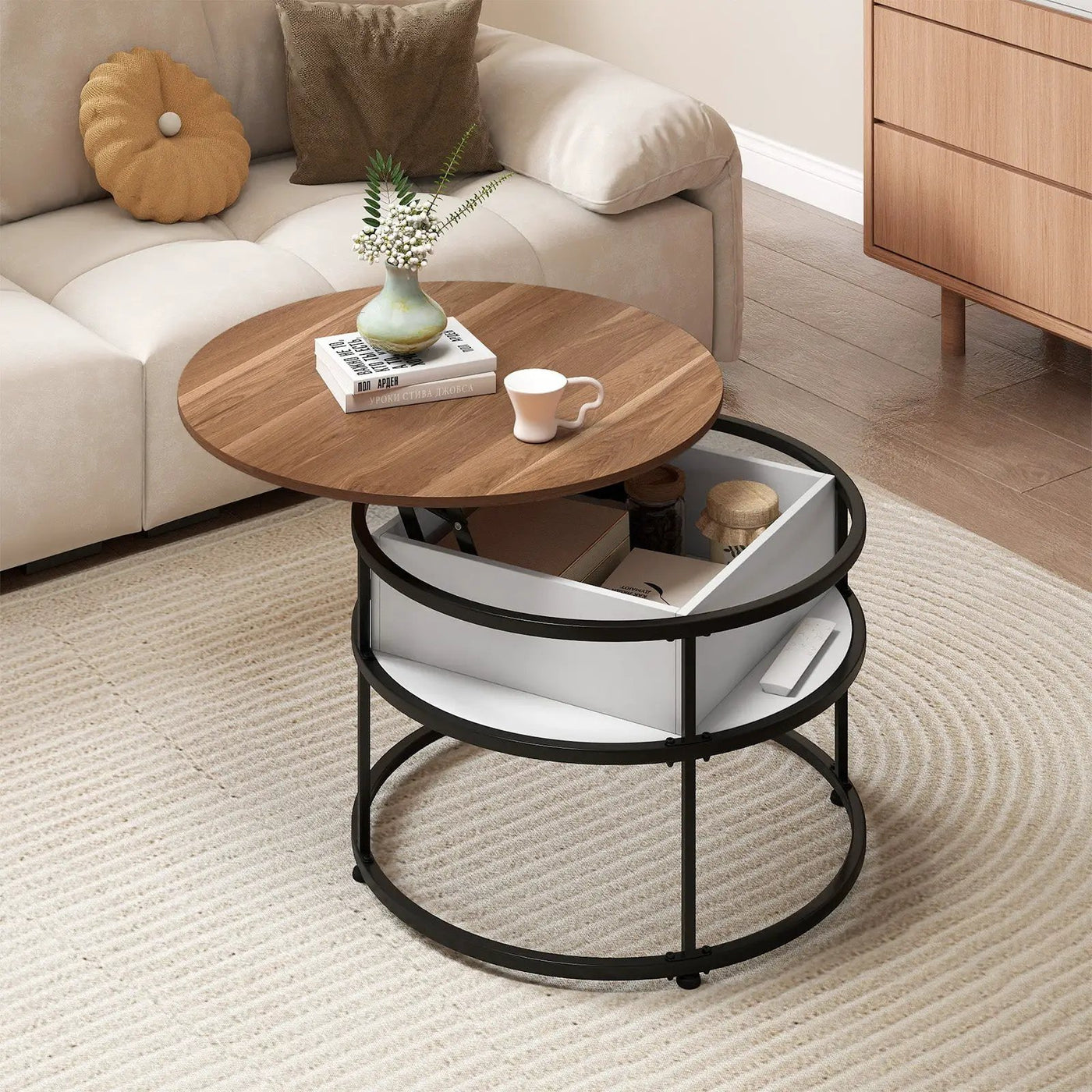 31.5 Inch Round Lift Top Coffee Table with Hidden Compartment and Side Shelves by DirectDeals