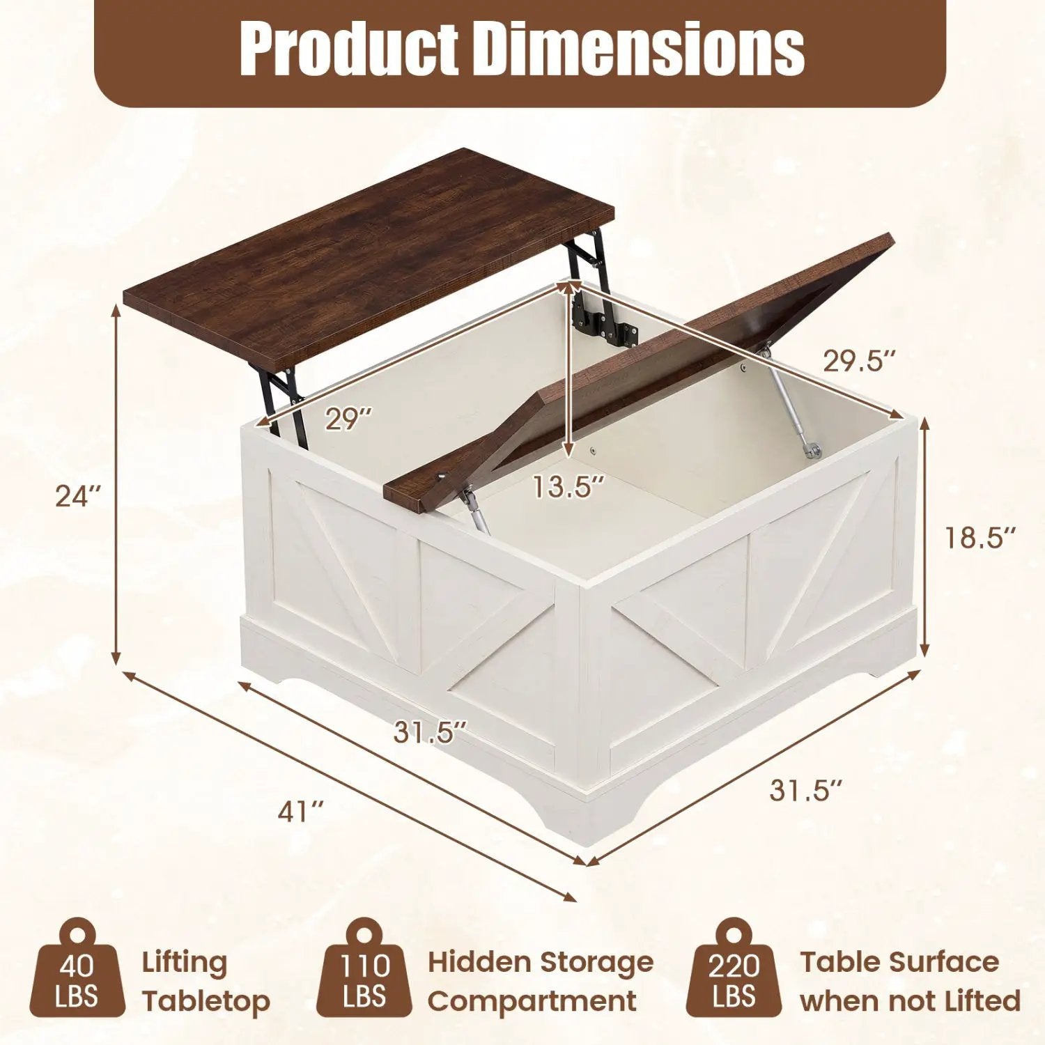 31.5 Inch Square Coffee Table with Lifting Tabletop and Hidden Compartment by DirectDeals