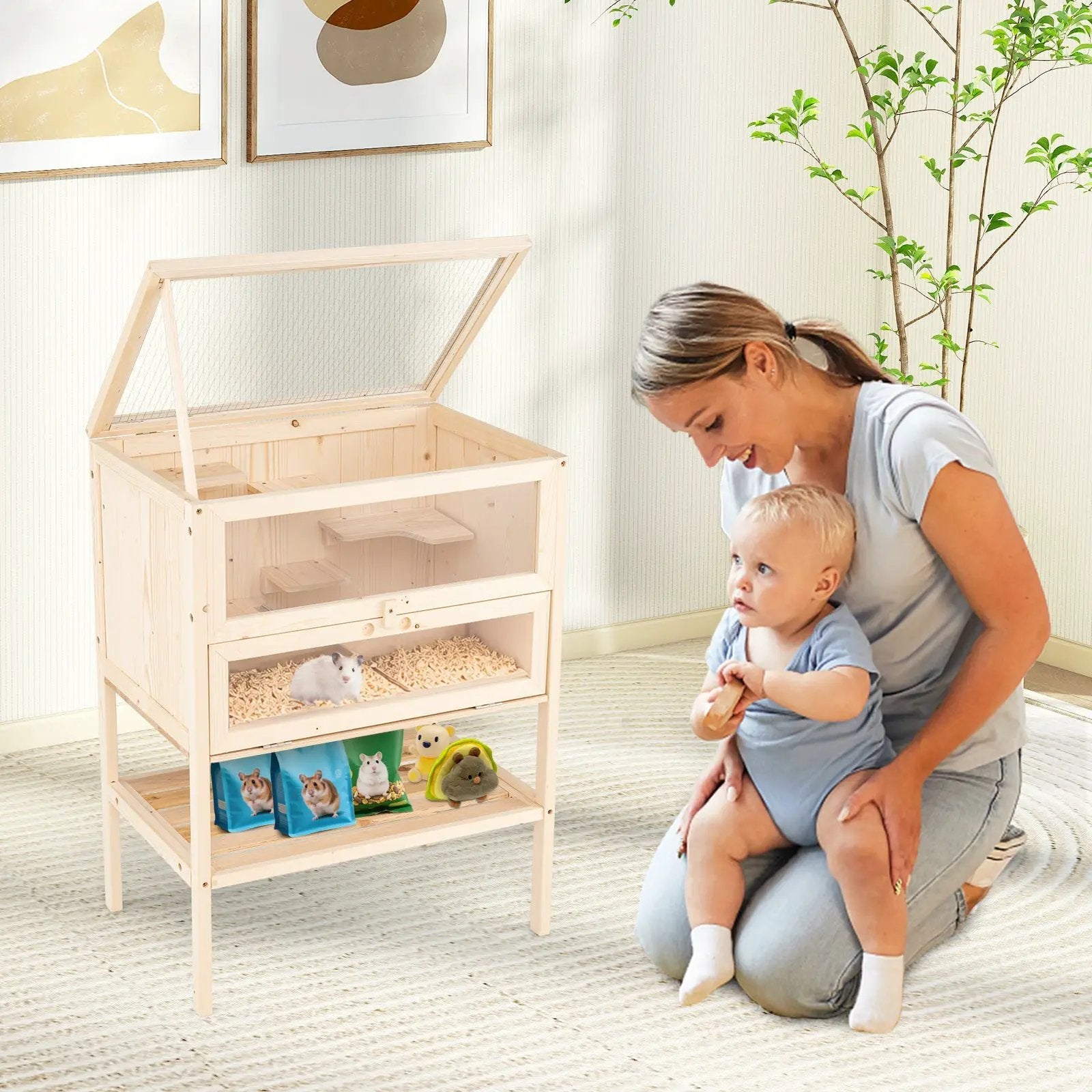 31.5 Inches Freestanding Hamster Cage Wooden Hamster Habitat Playpen-Natural by DirectDeals