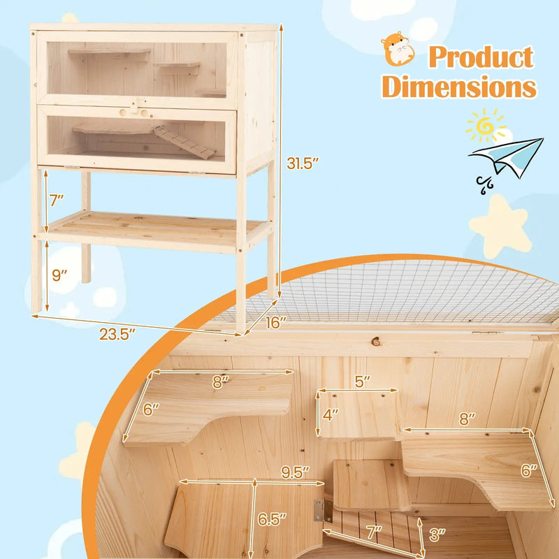 31.5 Inches Freestanding Hamster Cage Wooden Hamster Habitat Playpen-Natural by DirectDeals