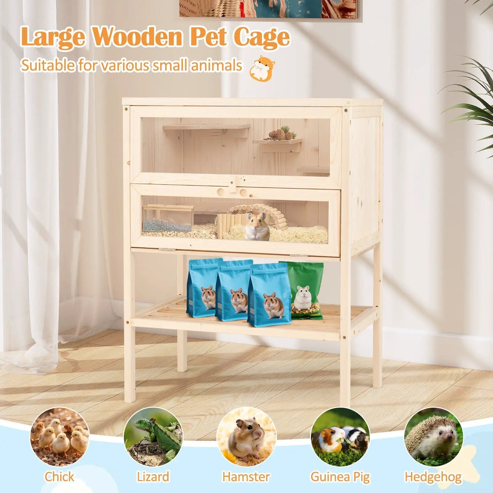 31.5 Inches Freestanding Hamster Cage Wooden Hamster Habitat Playpen-Natural by DirectDeals