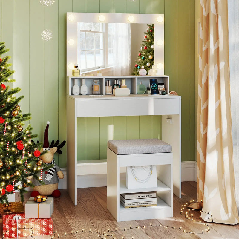 Vanity Table Set with Lighted Mirror and Cushion Stool by DirectDeals