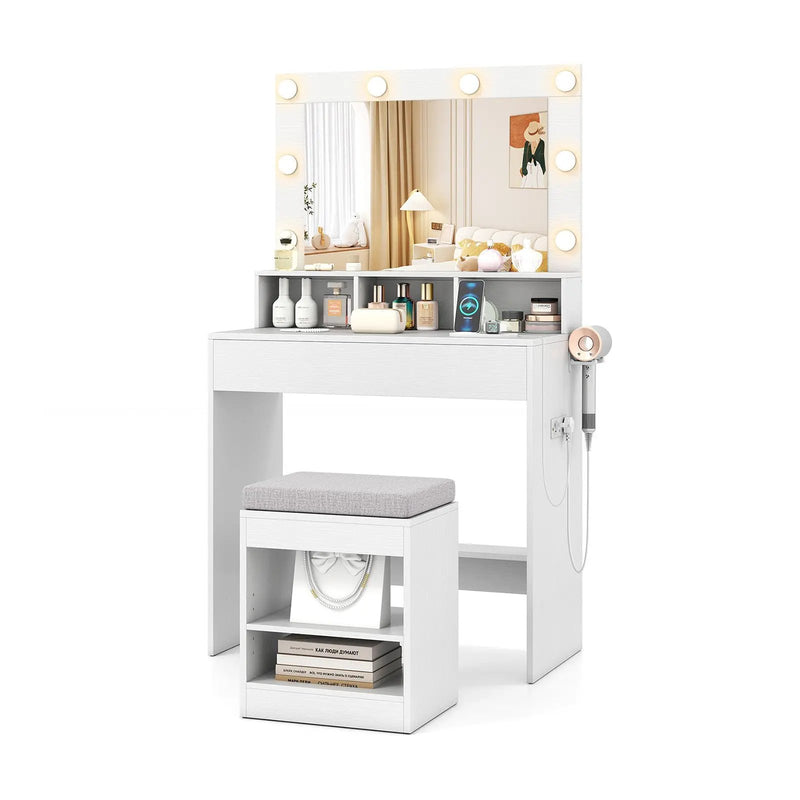 Vanity Table Set with Lighted Mirror and Cushion Stool by DirectDeals