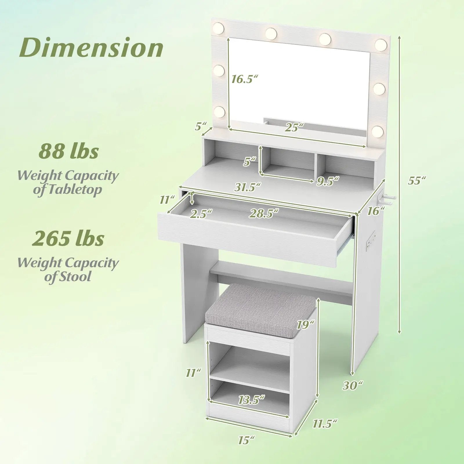 Vanity Table Set with Lighted Mirror and Cushion Stool by DirectDeals