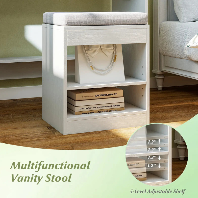Vanity Table Set with Lighted Mirror and Cushion Stool by DirectDeals