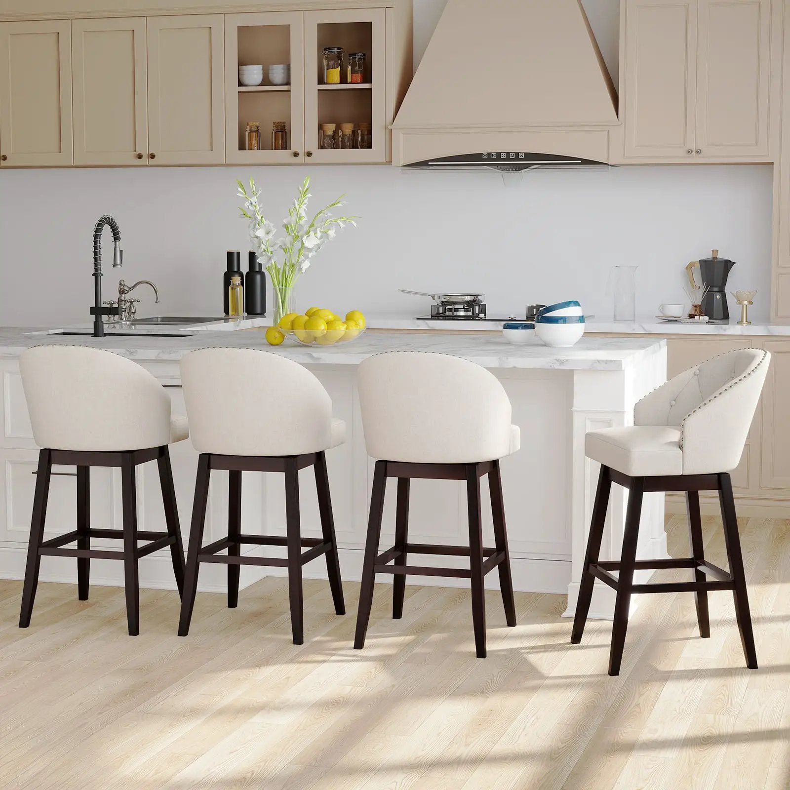 31 Inch Bar Stools Set of 4 Padded Bar Height Chairs with Rubber Wood Frame Swivel Seat-Beige by DirectDeals