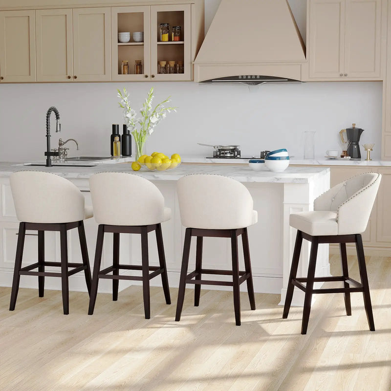31 Inch Bar Stools Set of 4 Padded Bar Height Chairs with Rubber Wood Frame Swivel Seat-Beige by DirectDeals