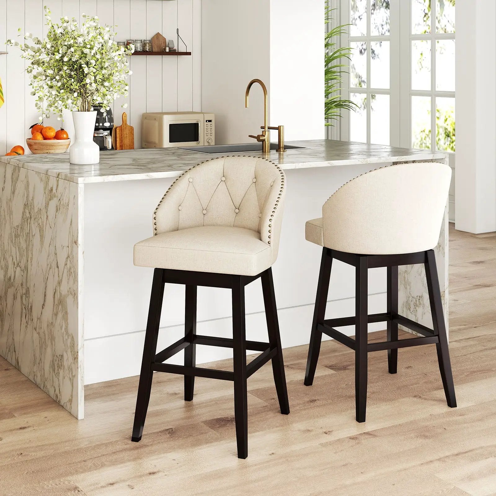 31 Inch Bar Stools Set of 4 Padded Bar Height Chairs with Rubber Wood Frame Swivel Seat-Beige by DirectDeals