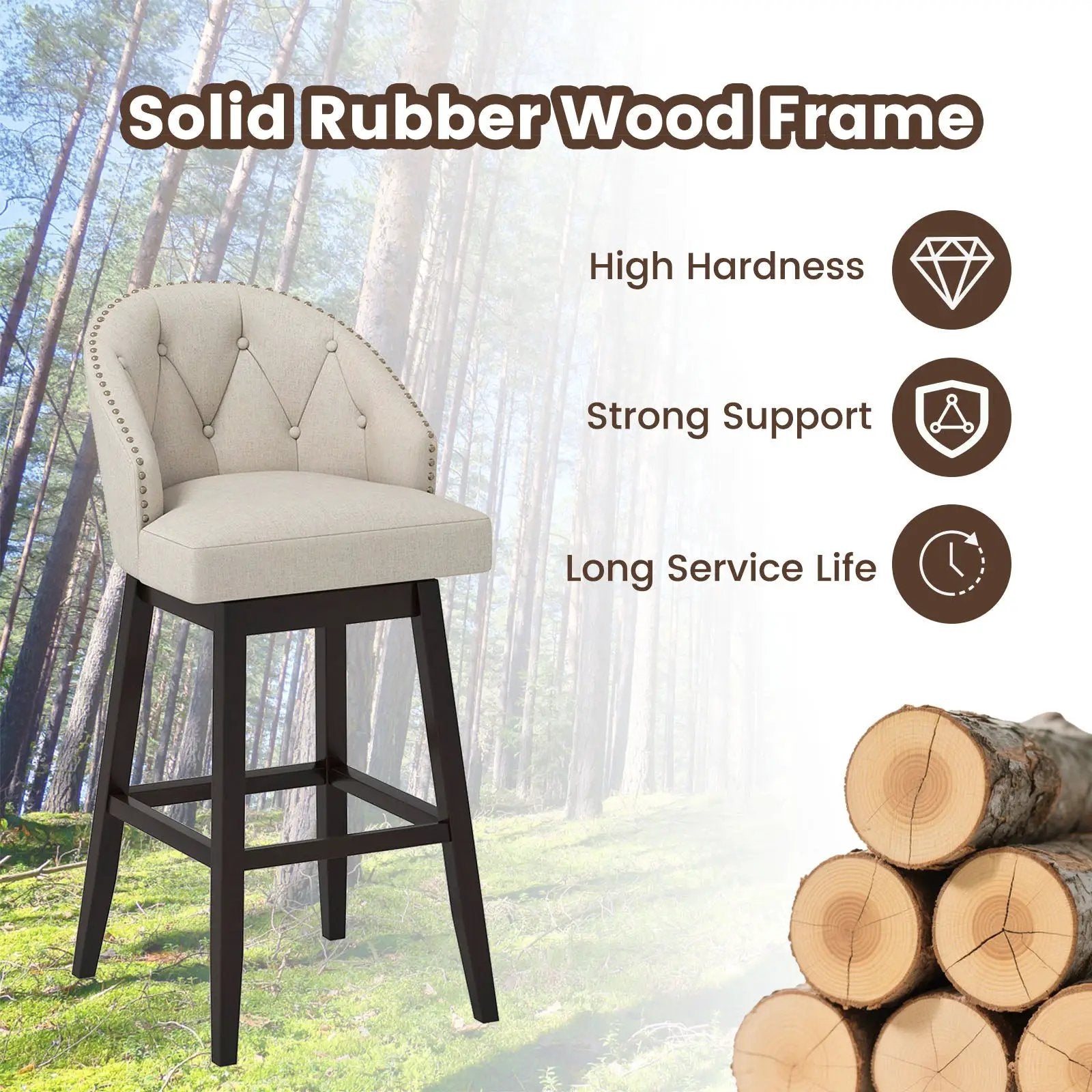 31 Inch Bar Stools Set of 4 Padded Bar Height Chairs with Rubber Wood Frame Swivel Seat-Beige by DirectDeals