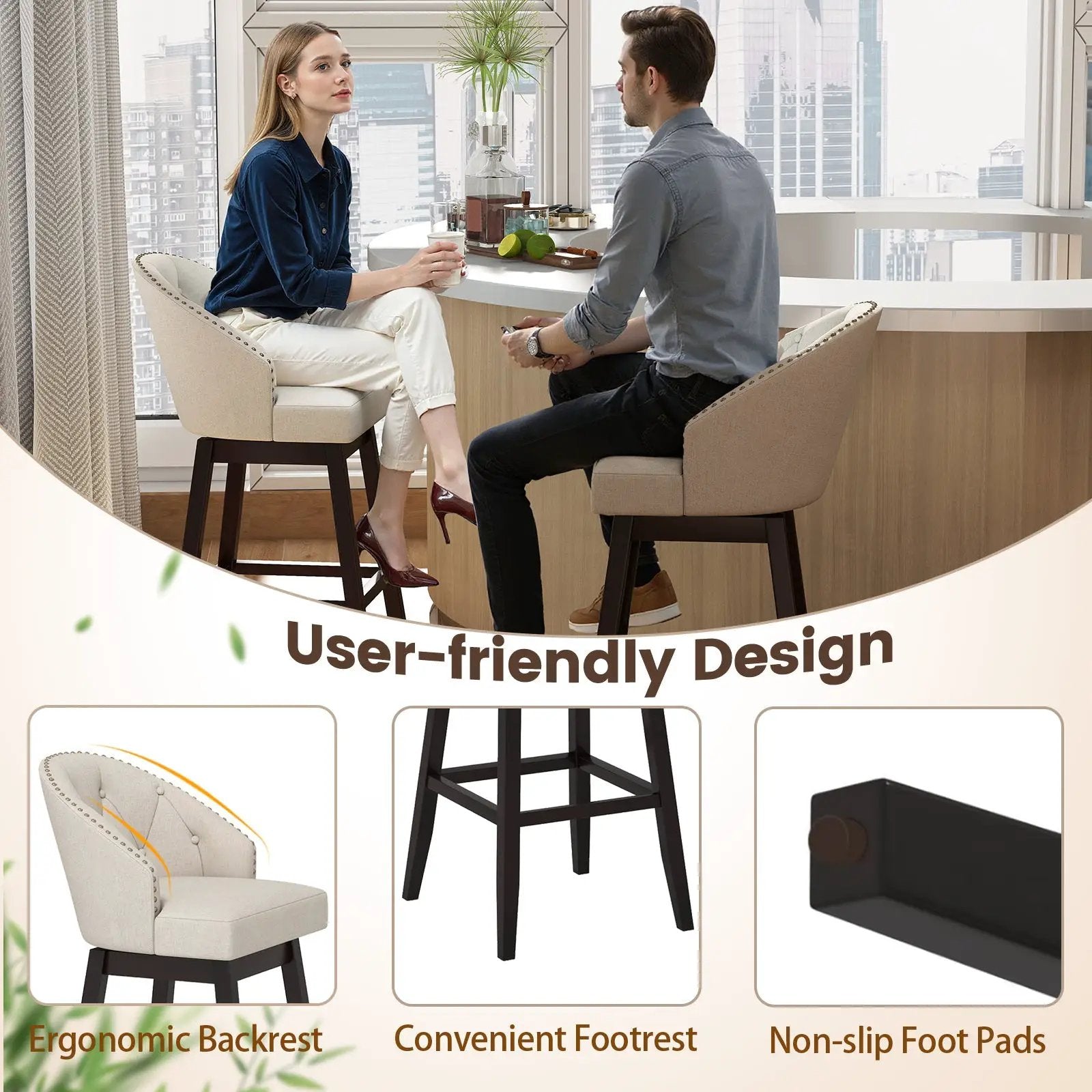 31 Inch Bar Stools Set of 4 Padded Bar Height Chairs with Rubber Wood Frame Swivel Seat-Beige by DirectDeals