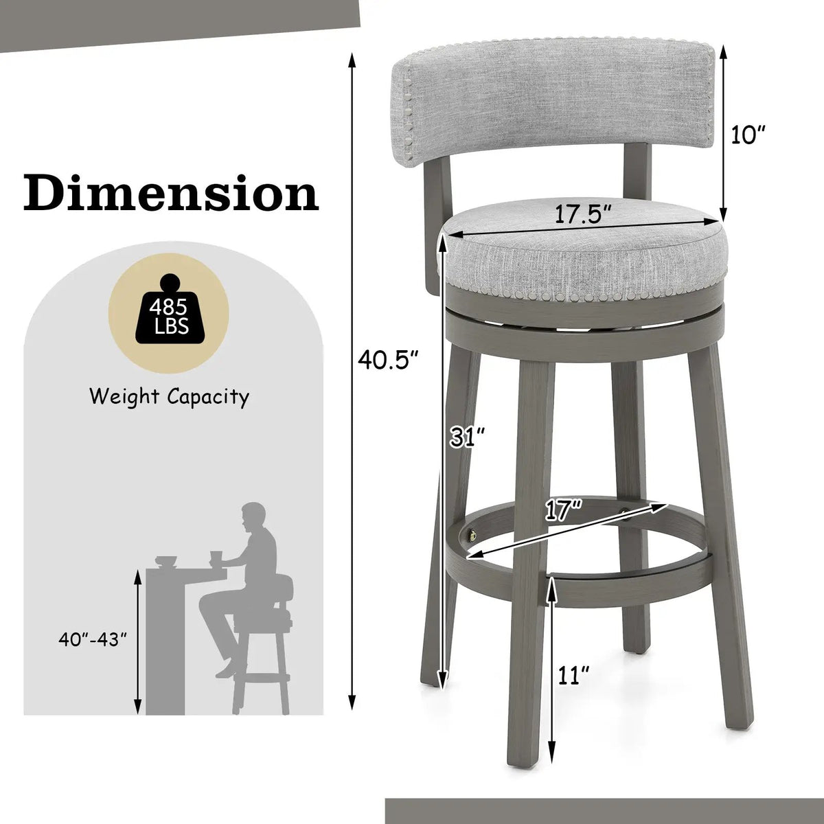 27/31 Inch Swivel Bar Stool with Upholstered Back Seat and Footrest by DirectDeals