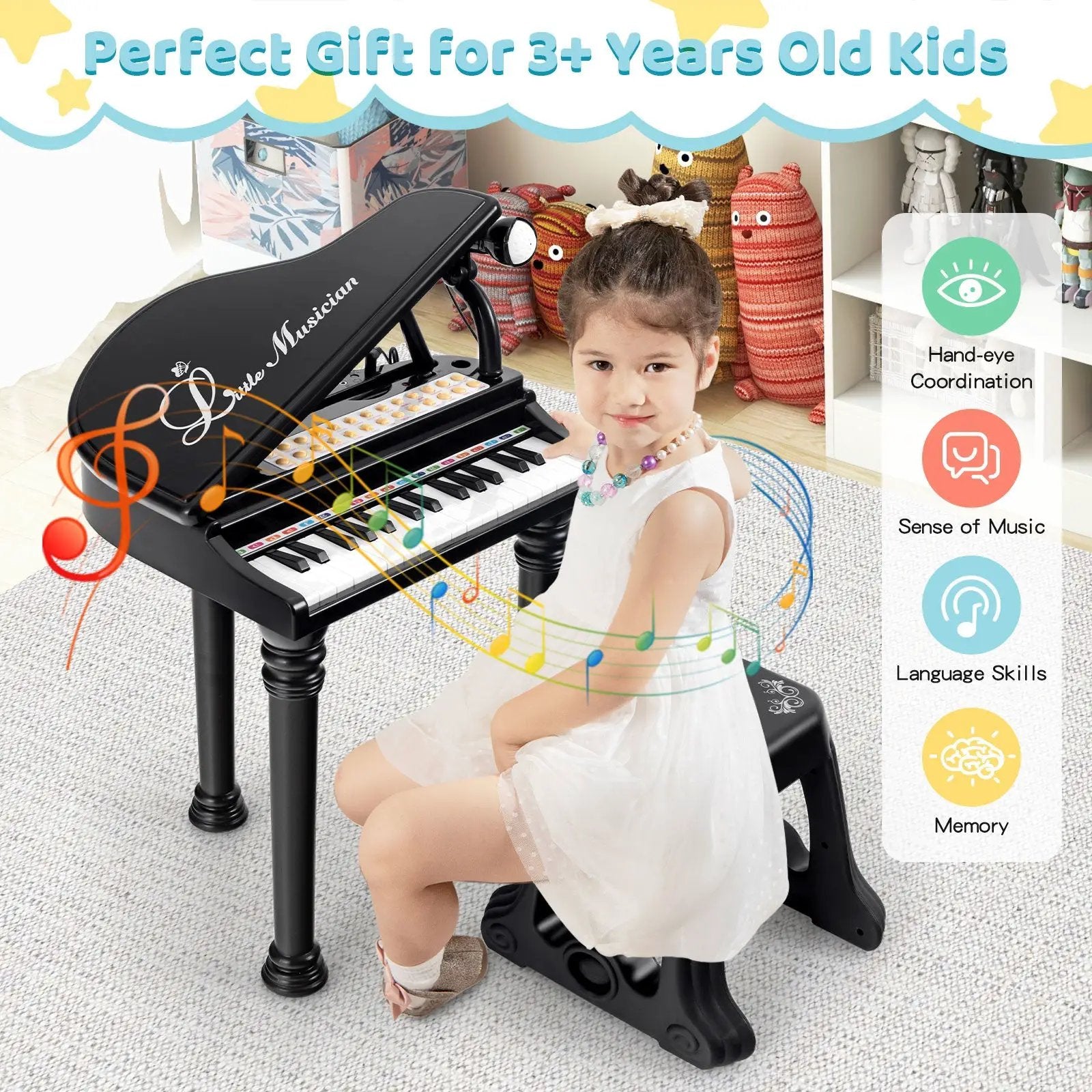 31 Keys Kids Piano Keyboard with Stool and Piano Lid by DirectDeals