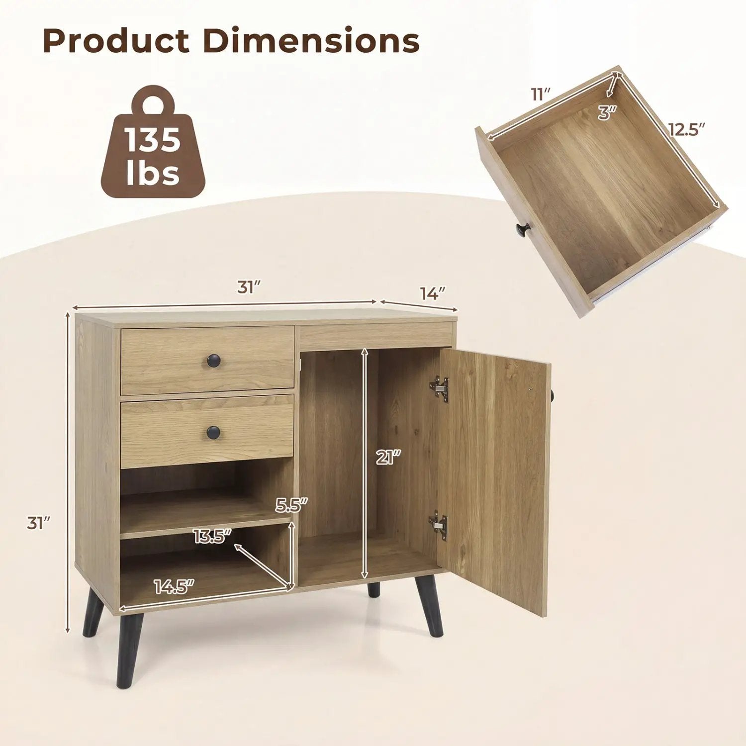 31" Sideboard Cabinet with 2 Drawers and Open Shelves by DirectDeals
