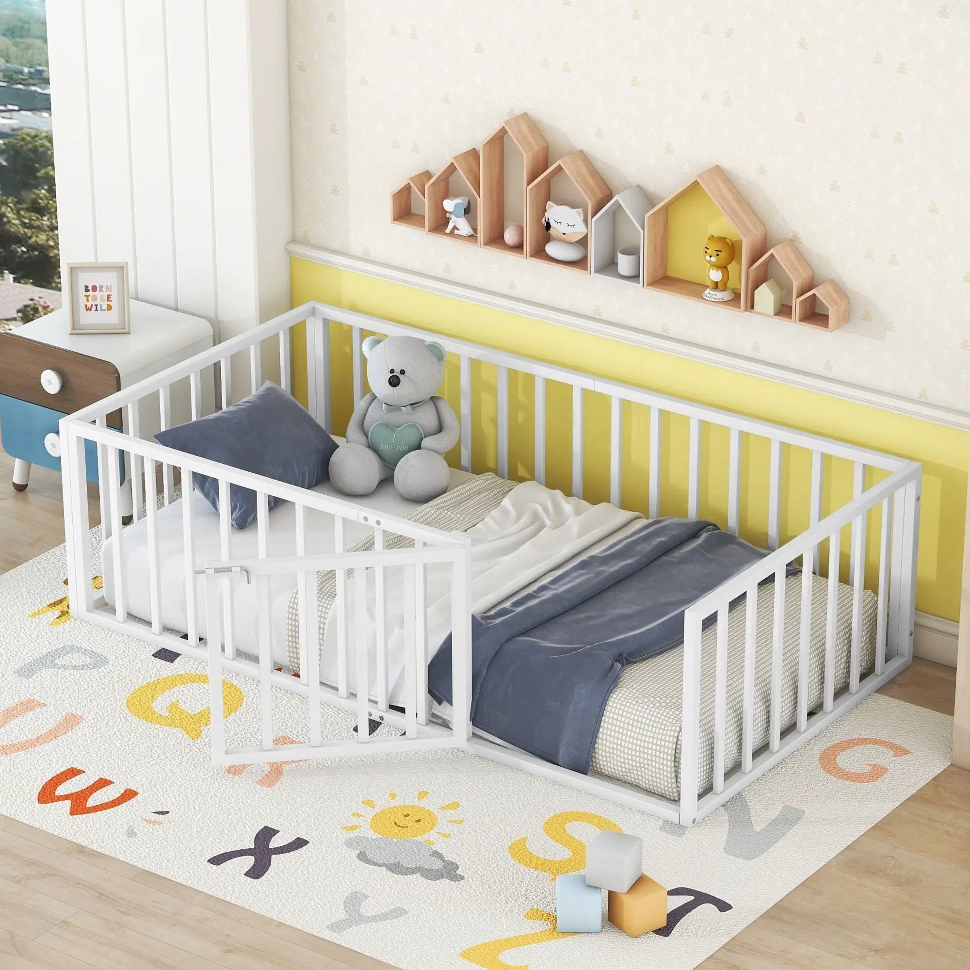 Metal Floor Bed Frame With Fence And Door by HouseOfZazla