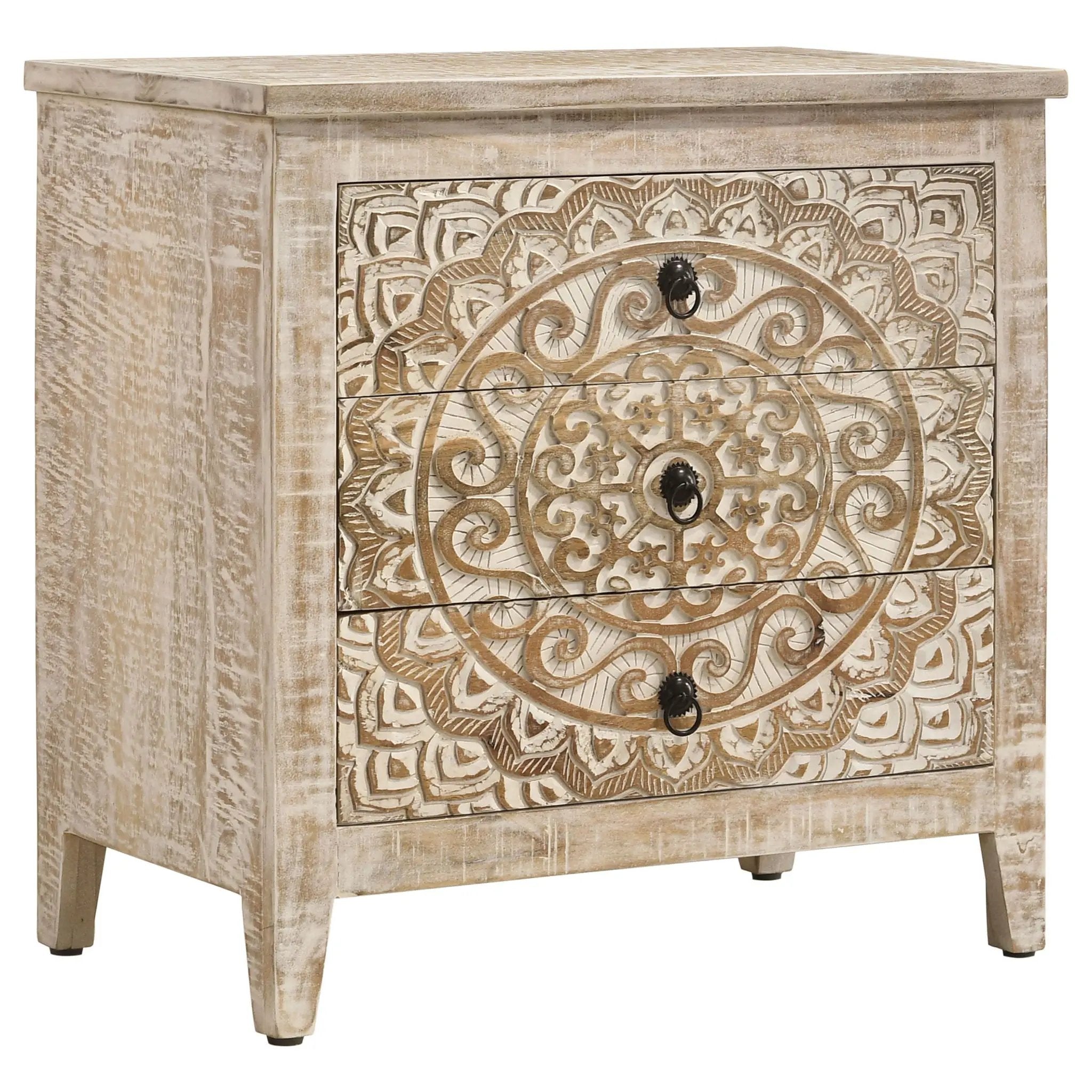 Mariska 3-drawer Wood Mandala Cabinet Distressed White by Unique Piece Furniture