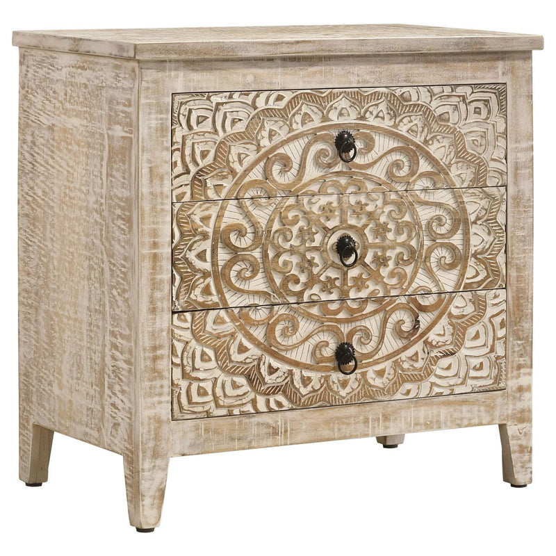 Mariska 3-drawer Wood Mandala Cabinet Distressed White by Unique Piece Furniture