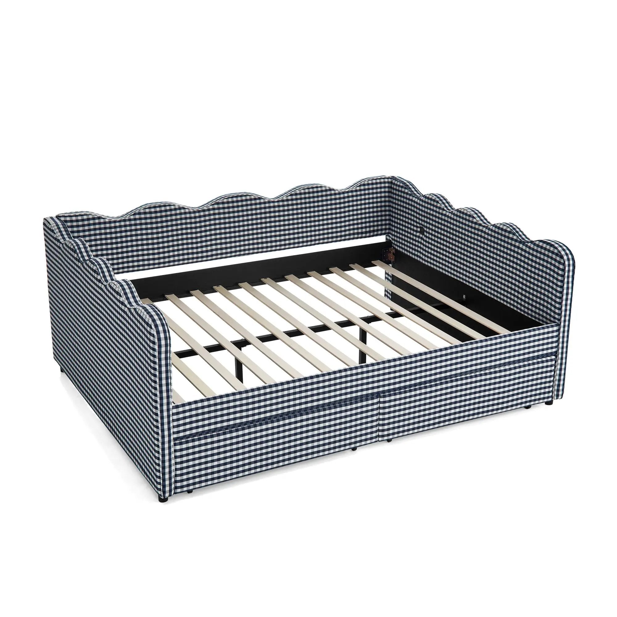 Queen Size Cozy Gingham Daybed with Two Storage Drawers and USB Port by HouseOfZazla