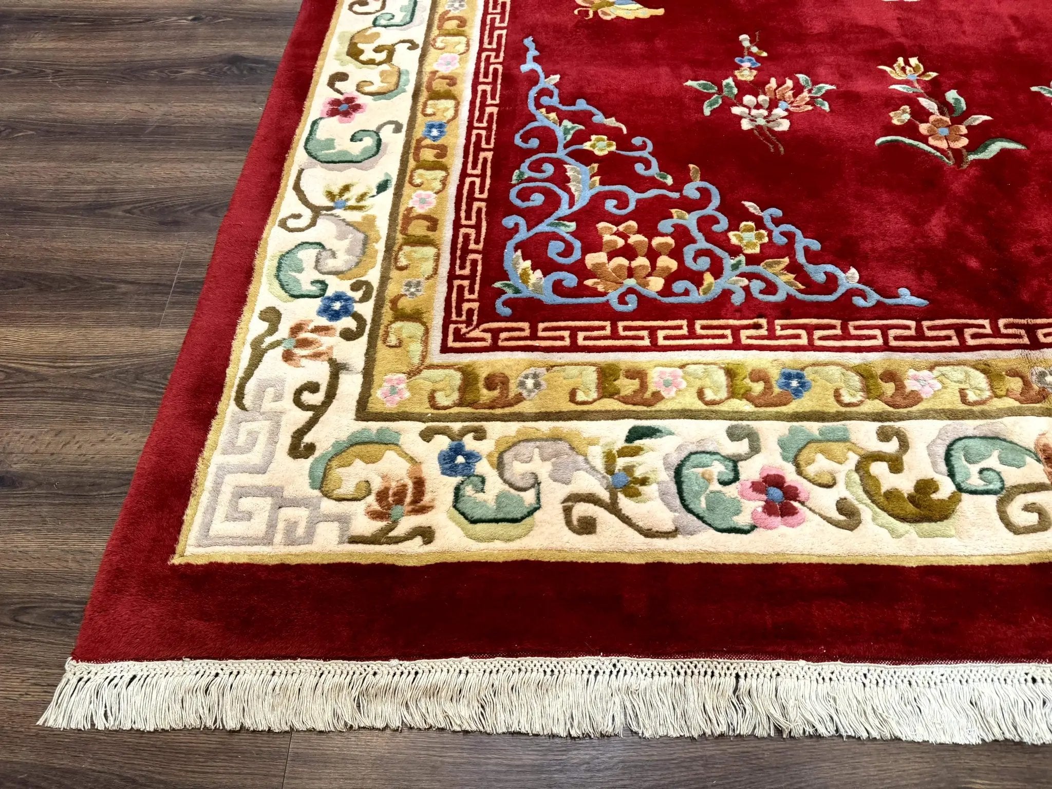 Indo Chinese Wool Rug 9x12, Red Art Deco Carpet, Vintage by Jewel Rugs