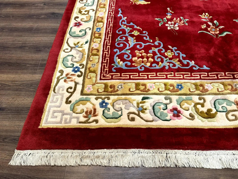 Indo Chinese Wool Rug 9x12, Red Art Deco Carpet, Vintage by Jewel Rugs