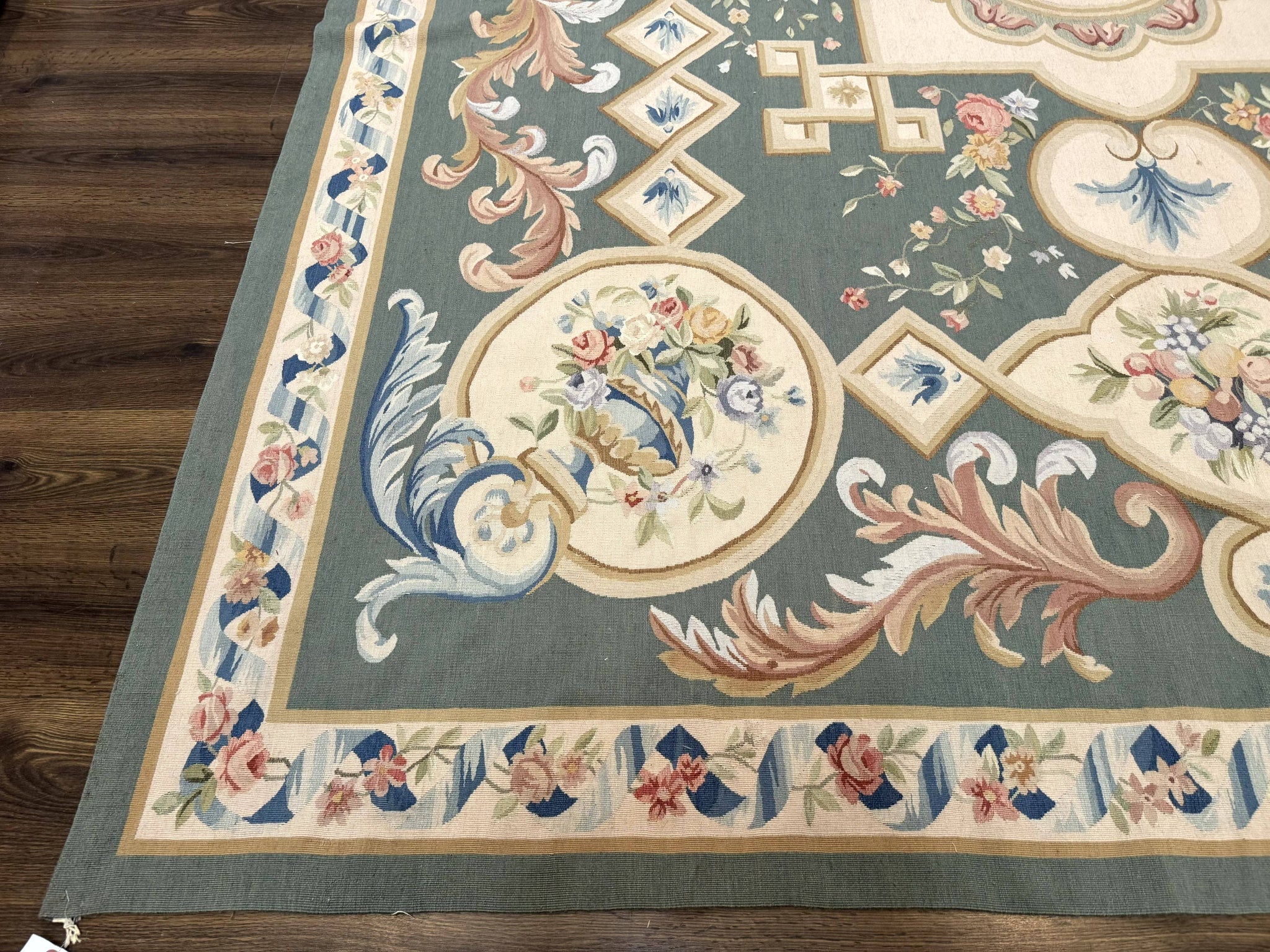 Aubusson Rug 9x12, Muted Sage Green and Cream, European Design by Jewel Rugs