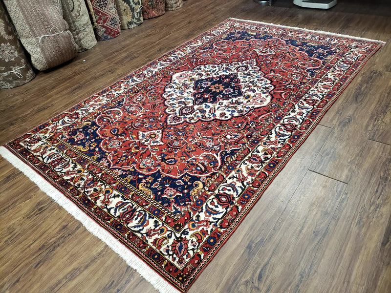 Semi Antique Persian Bakhtiari Rug, Hand-Knotted, Wool, Red, Midnight Blue, Ivory, Floral Medallion, 5'1" x 8' 6" by Jewel Rugs