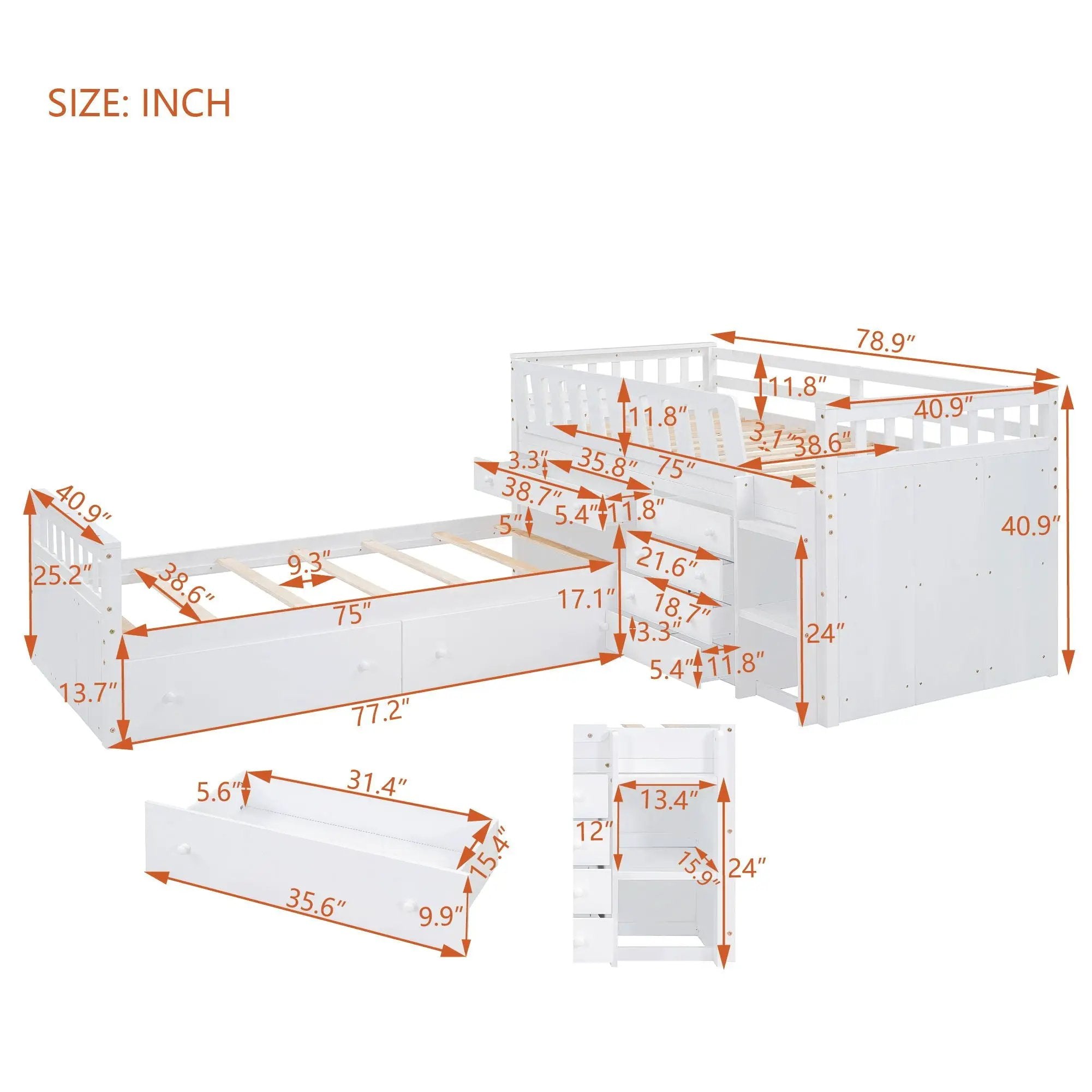 Loft Platform Bed With 7 Drawers And Full Guardrails, Modern L Shaped Space Savin by HouseOfZazla