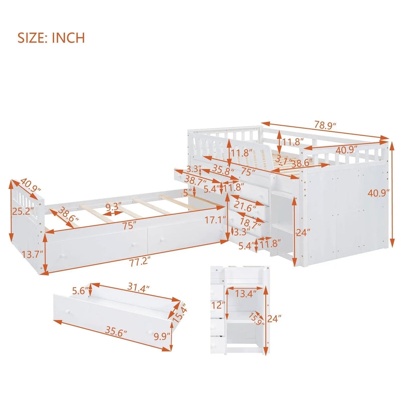 Loft Platform Bed With 7 Drawers And Full Guardrails, Modern L Shaped Space Savin by HouseOfZazla
