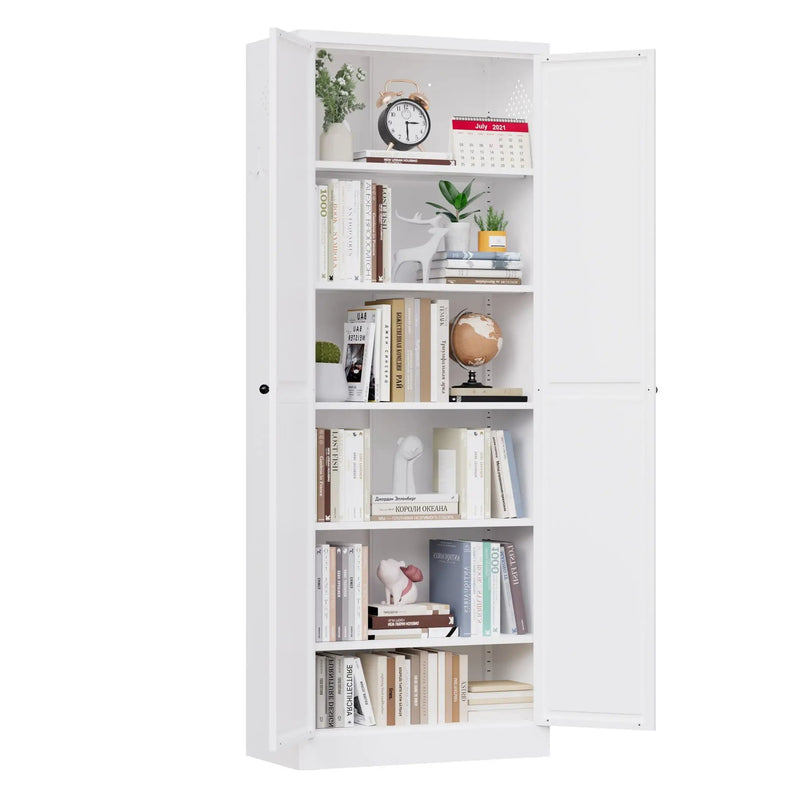 Kitchen Pantry Cabinet With Doors, Heavy-Duty Freestanding Storage Organizer With 5 Adjustable Shelves, Tool Free Assembly - White by Unique Piece Furniture